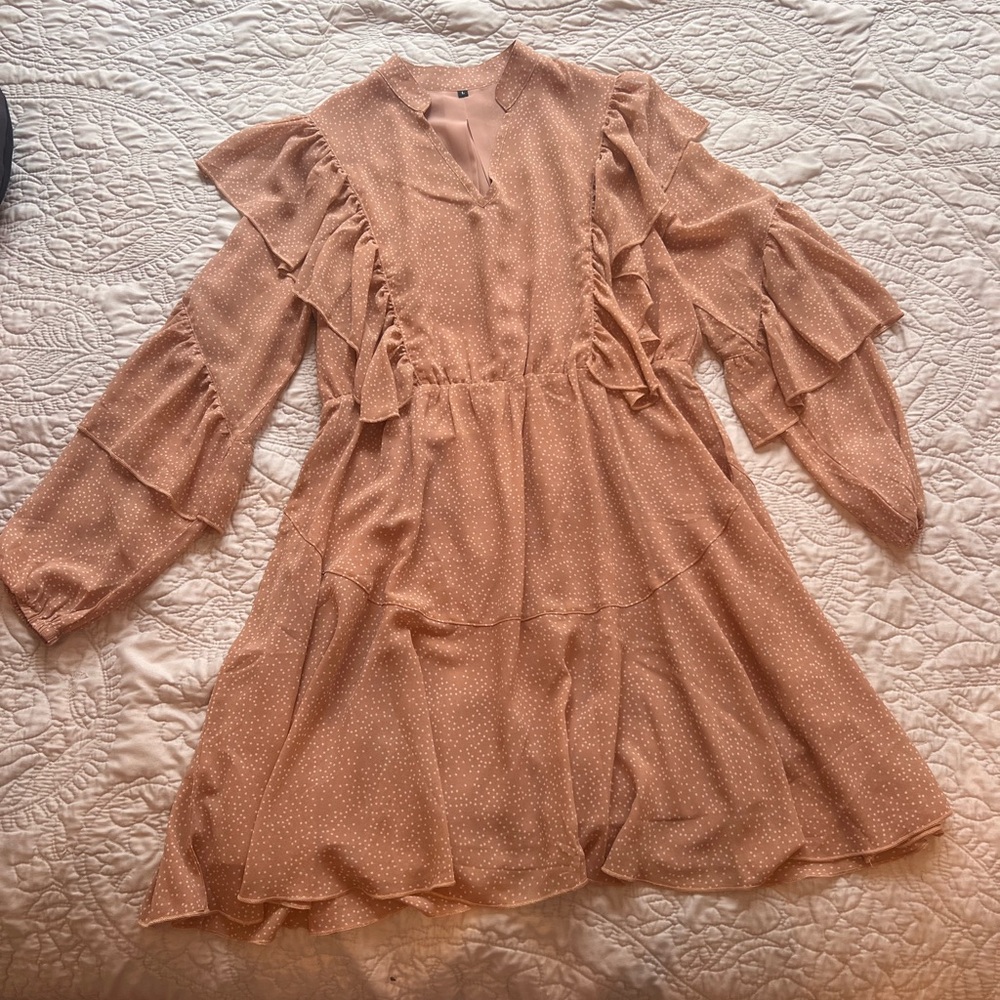 Tan/White Ruffled Polka Dot Dress